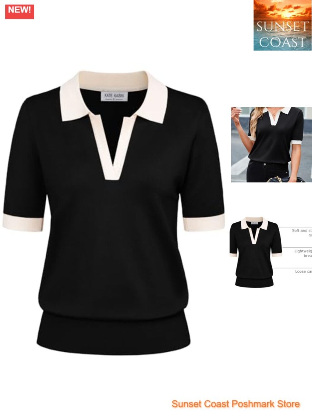 Kate K's Short Sleeve V-Neck Collared Polo Sweater
